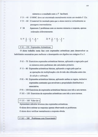 109
números e o resultado com o 3°. facilitará.
F 31 - 40 O MMC deve ser encontrado mentalmente existe um modelo F 32a.
F 51 - 60 O material foi montado para que o aluno escreva verticalmente as
passagens intermediárias.
F 58 Aparecem 2 problemas com os mesmo números e resposta, apenas
ordenados diferentemente.
1) 9 ~ - ~ + -±-=
777
2) 9 2. + ~-2 =
7 7 7
F 61 - 150 Expressões Aritméticas I
O aluno trabalho nesta fase com expressões aritméticas para desenvolver as
habilidades necessárias para melhorar o desempenho em álgebra nos estágios G e 1.
r
F 61 - 70 Exercícios expressões aritméticas básicas, aplicando a regra pela qual
os números entre parênteses são calculados primeiro.
F 11 - 80 Expressões aritméticas básicas, aplicando a regra pela qual as
as operações de multiplicação e de divisão são efetuadas antes das
de adição e subtração.
F 81 - 90 Expressões aritméticas básicas, aplicando ambas as regras, inclusive
expressões contrastes que envolvem a propriedade distributiva e
associativa.
F 91 - 100 Exercícios de expressões aritméticas básicas com três a seis termos.
FIO 1- 150 Exercícios de expressões aritméticas com três a nove termos.
F 151-160 Valor de xl
Apresentam cálculos inversos das expressões aritméticas.
O aluno deve estimar as respostas apenas observando os problemas.
O aluno deve verificar mentalmente a resposta obtida.
F 161 - 180 Problemas com Enunciando I
 