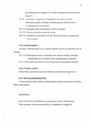 142
que aconteceram no estágio L91-130 são importantes para esta fase do
estágio N.
N1-30 Estes blocos englobam os fundamentos de vetores no plano
(definições, adição, subtração, multiplicação por números reais e
visualização de componentes).
N31-50 Introdução sobre coordenadas e vetores no espaço.
N51-70 Cálculo do produto escalar de vetores.
N81-110 Problemas envolvendo o uso de vetores, para resolver equações de
retas e planos.
Nl11-150 MATRIZES
Acontece a familiarização com o assunto matrizes através de operações com as
mesmas.
NIII-130 Definição de matriz e operações com matrizes (adição, subtração,
multiplicação por um número real e multiplicação de matrizes)
N 131-150 Inversão de matrizes e o uso de matrizes na resolução de sistemas.
N151-170 RELAÇÕES
Nestes blocos, aparecem as diversas funções já estudadas no estágio K e L.
N171-200 TRANSFORMAÇÕES
O aluno aprende sobre relações (transformações lineares) de matrizes com duas
linhas e duas colunas.
ESTÁGIO O
Metas: Desenvolver habilidades em progressões, limites e diferenciação.
Estes conteúdos são uma extensão dos já trabalhados no estágio M.
 