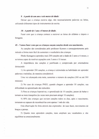 31
9. A partir de um ano e seis meses de idade:
Deixar que a criança escreva algo, não necessariamente palavras ou letras,
utilizando diferentes tipos de instrumentos de escrita.
10. A partir de 1 ano e 8 meses de idade.
Fazer com que a criança comece a escrever as letras do alfabeto e depois o
hiragana.
45 - Vamos fazer com que as crianças ouçam canções desde seu nascimento.
As canções são consideradas pelo professor Kumon e conseqüentemente pelo
método a forma mais fácil de aumentar o vocabulário das crianças.
Shoko Kanagawa aprendeu mais 200 canções até a idade de 2 anos e 6 meses, e
se tomou capaz de resolver equações com 3 anos e 10 meses.
A importância das canções é justificada e comprovada por orientadoras
destacando:
1) Ao aprender 200 canções, a criança é estimulada na habilidade em aprender
palavras e melodias, de maneira considerável.
Uma vez alcançada esta meta, aumentar o número de canções (300 ou até 500
músicas).
2) No caso de crianças PNEE, quando chegam a aprender 50 canções, sua
dificuldade no aprendizado são reduzidos.
3) Para as crianças hiperativas, o aprendizado de 10 canções, param de babar e
tomam-se mais tranqüilos (às vezes nem precisam atingir 10 canções).
4) 80% das crianças que ouviam canções todos os dias, após o nascimento,
tomaram-se capazes de reconhecê-Ias com apenas 1 mês de vida.
Esta observação foi feita através das expressões de suas faces, movimentos de
braços e pernas.
5) Quanto mais aprendem canções, mais ampliam seu vocabulário e vão
equilibrar-se emocionalmente.
 