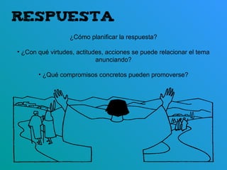 ¿Cómo planificar la respuesta?
• ¿Con qué virtudes, actitudes, acciones se puede relacionar el tema
anunciando?
• ¿Qué compromisos concretos pueden promoverse?
 