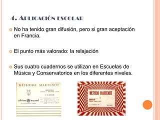 En relación con la respiración, el método contiene diversos ejercicios que trabajan los tiempos de la respiración, ejercicios de intensidad realizando crescendos y diminuendos. Por ejemplo:Juegos de inspiración torácica    (de pulmones).Soltar al aire un sonido con diferenciasde intensidad.Concurso de sonidos prolongados.