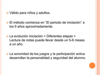 4. Aplicación escolarNo ha tenido gran difusión, pero si gran aceptación en Francia.El punto más valorado: la relajaciónSus cuatro cuadernos se utilizan en Escuelas de Música y Conservatorios en los diferentes niveles.