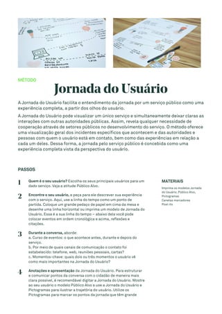 MÉTODO
Jornada do Usuário
A Jornada do Usuário facilita o entendimento da jornada por um serviço público como uma
experiência completa, a partir dos olhos do usuário.
A Jornada do Usuário pode visualizar um único serviço e simultaneamente deixar claras as
interações com outras autoridades públicas. Assim, revela qualquer necessidade de
cooperação através de setores públicos no desenvolvimento do serviço. O método oferece
uma visualização geral dos incidentes específicos que acontecem e das autoridades e
pessoas com quem o usuário está em contato, bem como das experiências em relação a
cada um deles. Dessa forma, a jornada pelo serviço público é concebida como uma
experiência completa vista da perspectiva do usuário.
PASSOS
1 Quem é o seu usuário? Escolha os seus principais usuários para um
dado serviço. Veja a atitude Público Alvo.
2 Encontre o seu usuário, e peça para ele descrever sua experiência
com o serviço. Aqui, use a linha do tempo como um ponto de
partida. Coloque um grande pedaço de papel em cima da mesa e
desenhe uma linha horizontal ou imprima um modelo de Jornada do
Usuário. Essa é a sua linha do tempo – abaixo dela você pode
colocar eventos em ordem cronológica e acima, reflexões e
citações.
3 Durante a conversa, aborde:
a. Curso de eventos: o que acontece antes, durante e depois do
serviço.
b. Por meio de quais canais de comunicação o contato foi
estabelecido: telefone, web, reuniões pessoais, cartas?
c. Momentos-chave: quais dois ou três momentos o usuário vê
como mais importantes na Jornada do Usuário?
4 Anotações e apresentação da Jornada do Usuário. Para estruturar
e comunicar pontos da conversa com o cidadão de maneira mais
clara possível, é recomendável digitar a Jornada do Usuário. Mostre
ao seu usuário o modelo Público Alvo e use a Jornada do Usuário e
Pictogramas para ilustrar a trajetória do usuário. Utilize os
Pictogramas para marcar os pontos da jornada que têm grande
MATERIAIS
Imprima os modelos Jornada
do Usuário, Público Alvo,
Pictogramas
Canetas marcadores
Post-its
 