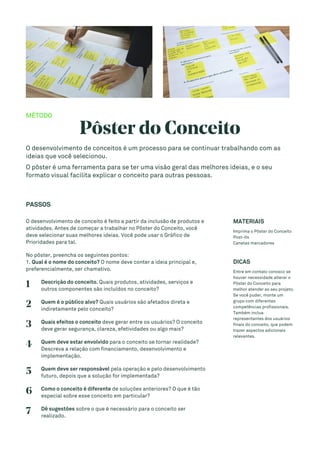 MÉTODO
Pôster do Conceito
O desenvolvimento de conceitos é um processo para se continuar trabalhando com as
ideias que você selecionou.
O pôster é uma ferramenta para se ter uma visão geral das melhores ideias, e o seu
formato visual facilita explicar o conceito para outras pessoas.
PASSOS
O desenvolvimento de conceito é feito a partir da inclusão de produtos e
atividades. Antes de começar a trabalhar no Pôster do Conceito, você
deve selecionar suas melhores ideias. Você pode usar o Gráfico de
Prioridades para tal.
No pôster, preencha os seguintes pontos:
1. Qual é o nome do conceito? O nome deve conter a ideia principal e,
preferencialmente, ser chamativo.
1 Descrição do conceito. Quais produtos, atividades, serviços e
outros componentes são incluídos no conceito?
2 Quem é o público alvo? Quais usuários são afetados direta e
indiretamente pelo conceito?
3 Quais efeitos o conceito deve gerar entre os usuários? O conceito
deve gerar segurança, clareza, efetividades ou algo mais?
4 Quem deve estar envolvido para o conceito se tornar realidade?
Descreva a relação com financiamento, desenvolvimento e
implementação.
5 Quem deve ser responsável pela operação e pelo desenvolvimento
futuro, depois que a solução for implementada?
6 Como o conceito é diferente de soluções anteriores? O que é tão
especial sobre esse conceito em particular?
7 Dê sugestões sobre o que é necessário para o conceito ser
realizado.
MATERIAIS
Imprima o Pôster do Conceito
Post-its
Canetas marcadores
DICAS
Entre em contato conosco se
houver necessidade alterar o
Pôster do Conceito para
melhor atender ao seu projeto.
Se você puder, monte um
grupo com diferentes
competências profissionais.
Também inclua
representantes dos usuários
finais do conceito, que podem
trazer aspectos adicionais
relevantes.
 