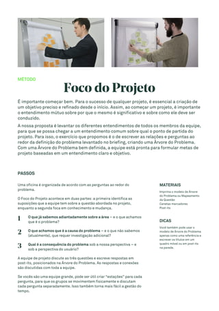 MÉTODO
Foco do Projeto
É importante começar bem. Para o sucesso de qualquer projeto, é essencial a criação de
um objetivo preciso e refinado desde o início. Assim, ao começar um projeto, é importante
o entendimento mútuo sobre por que o mesmo é significativo e sobre como ele deve ser
conduzido.
A nossa proposta é levantar os diferentes entendimentos de todos os membros da equipe,
para que se possa chegar a um entendimento comum sobre qual o ponto de partida do
projeto. Para isso, o exercício que propomos é o de escrever as relações e perguntas ao
redor da definição do problema levantado no briefing, criando uma Árvore do Problema.
Com uma Árvore do Problema bem definida, a equipe está pronta para formular metas de
projeto baseadas em um entendimento claro e objetivo.
PASSOS
Uma oficina é organizada de acordo com as perguntas ao redor do
problema.
O Foco do Projeto acontece em duas partes: a primeira identifica as
suposições que a equipe tem sobre a questão abordada no projeto,
enquanto a segunda foca em conhecimento e mudança.
1 O que já sabemos adiantadamente sobre a área – e o que achamos
que é o problema?
2 O que achamos que é a causa do problema – e o que não sabemos
(atualmente), que requer investigação adicional?
3 Qual é a consequência do problema sob a nossa perspectiva – e
sob a perspectiva do usuário?
A equipe de projeto discute as três questões e escreve respostas em
post-its, posicionados na Árvore do Problema. As respostas e conexões
são discutidas com toda a equipe.
Se vocês são uma equipe grande, pode ser útil criar “estações” para cada
pergunta, para que os grupos se movimentem fisicamente e discutam
cada pergunta separadamente. Isso também torna mais fácil a gestão do
tempo.
MATERIAIS
Imprima o modelo de Árvore
do Problema ou Mapeamento
da Questão
Canetas marcadores
Post-its
DICAS
Você também pode usar o
modelo de Árvore do Problema
apenas como uma referência e
escrever os títulos em um
quadro móvel ou em post-its
na parede.
 