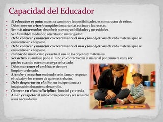 • El educador es guía: muestra caminos y las posibilidades, es constructor de éxitos.
• Debe tener un criterio amplio: descartar las rutinas y las recetas.
• Ser más observador: descubrir nuevas posibilidades y necesidades.
• Ser humilde: mediador, orientador, investigador.
• Debe conocer y manejar correctamente el uso y los objetivos de cada material que se
encuentre en el espacio.
• Debe conocer y manejar correctamente el uso y los objetivos de cada material que se
encuentre en el espacio.
• Indicar de modo claro y exacto el uso de los objetos y materiales.
• Ser activo cuando se pone al niño en contacto con el material por primera vez y ser
pasivo cuando este contacto ya se ha dado.
• Debe mantener el ambiente siempre
limpio y ordenado.
• Atender y escuchar en donde se le llama y respetar
el trabajo y los errores de quienes trabajan.
• Debe despertar en el niño, su independencia e
imaginación durante su desarrollo.
• Generar en él autodisciplina, bondad y cortesía.
• Amar y respetar al niño como persona y ser sensible
a sus necesidades.
 