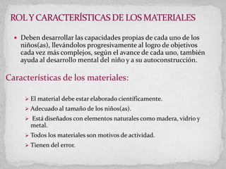 Deben desarrollar las capacidades propias de cada uno de los
niños(as), llevándolos progresivamente al logro de objetivos
cada vez más complejos, según el avance de cada uno, también
ayuda al desarrollo mental del niño y a su autoconstrucción.
Características de los materiales:
 El material debe estar elaborado científicamente.
 Adecuado al tamaño de los niños(as).
 Está diseñados con elementos naturales como madera, vidrio y
metal.
 Todos los materiales son motivos de actividad.
 Tienen del error.
 