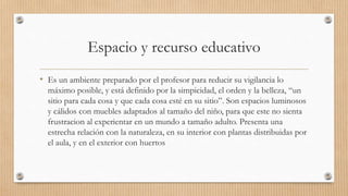 Espacio y recurso educativo
• Es un ambiente preparado por el profesor para reducir su vigilancia lo
máximo posible, y está definido por la simpicidad, el orden y la belleza, “un
sitio para cada cosa y que cada cosa esté en su sitio”. Son espacios luminosos
y cálidos con muebles adaptados al tamaño del niño, para que este no sienta
frustracion al experientar en un mundo a tamaño adulto. Presenta una
estrecha relación con la naturaleza, en su interior con plantas distribuidas por
el aula, y en el exterior con huertos
 