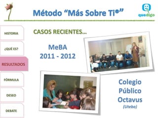 HISTORIA    CASOS RECIENTES…

 ¿QUÉ ES?       MeBA
              2011 - 2012
RESULTADOS


FÓRMULA
                                Colegio
  DESEO
                                Público
                                Octavus
                                 (Utebo)
 DEBATE
 