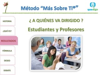 HISTORIA    ¿ A QUIÉNES VA DIRIGIDO ?

 ¿QUÉ ES?    Estudiantes y Profesores
RESULTADOS


FÓRMULA



  DESEO



 DEBATE
 