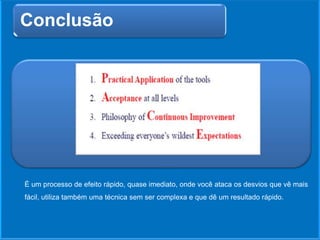 Conclusão
É um processo de efeito rápido, quase imediato, onde você ataca os desvios que vê mais
fácil, utiliza também uma técnica sem ser complexa e que dê um resultado rápido.
 