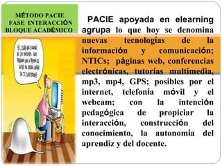 PACIE apoyada en elearning agrupa  lo que hoy se denomina nuevas tecnolog í as de la informaci ó n y comunicaci ó n; NTICs;  p á ginas web, conferencias electr ó nicas, tutor í as multimedia, mp3, mp4, GPS; posibles por el internet, telefon í a m ó vil y el webcam; con la intenci ó n pedag ó gica de propiciar la interacci ó n, construcci ó n del conocimiento, la autonom í a del aprendiz y del docente. M É TODO PACIE FASE  INTERACCI Ó N BLOQUE ACAD É MICO   
