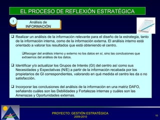 EL PROCESO DE REFLEXIÓN ESTRATÉGICA Análisis de  INFORMACIÓN I Realizar un análisis de la información relevante para el diseño de la estrategia, tanto de la información interna, como de la información externa. El análisis interno está orientado a valorar los resultados que está obteniendo el centro. Recoger del análisis interno y externo no los datos en sí, sino las conclusiones que extraemos del análisis de los datos. Identificar y/o actualizar los Grupos de Interés (GI) del centro así como sus Necesidades y Expectativas (N/E) a partir de la información recabada por los propietarios de GI correspondientes, valorando en qué medida el centro les da o no satisfacción. Incorporar las conclusiones del análisis de la información en una matriz DAFO, señalando cuáles son las Debilidades y Fortalezas internas y cuáles son las Amenazas y Oportunidades externas. 