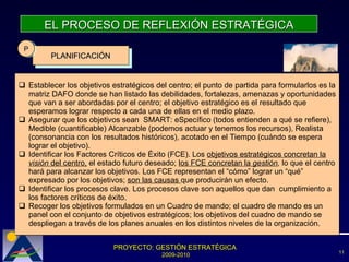 EL PROCESO DE REFLEXIÓN ESTRATÉGICA PLANIFICACIÓN P Establecer los objetivos estratégicos del centro; el punto de partida para formularlos es la matriz DAFO donde se han listado las debilidades, fortalezas, amenazas y oportunidades que van a ser abordadas por el centro; el objetivo estratégico es el resultado que esperamos lograr respecto a cada una de ellas en el medio plazo.  Asegurar que los objetivos sean  SMART: eSpecífico (todos entienden a qué se refiere), Medible (cuantificable) Alcanzable (podemos actuar y tenemos los recursos), Realista (consonancia con los resultados históricos), acotado en el Tiempo (cuándo se espera lograr el objetivo).  Identificar los Factores Críticos de Éxito (FCE). Los  objetivos estratégicos concretan la  visión  del centro,  el estado futuro deseado;  los FCE concretan la  gestión ,  lo que el centro hará para alcanzar los objetivos. Los FCE representan el “cómo” lograr un “qué” expresado por los objetivos;  son las causas  que producirán un efecto.   Identificar los procesos clave. Los procesos clave son aquellos que dan  cumplimiento a los factores críticos de éxito.  Recoger los objetivos formulados en un Cuadro de mando; el cuadro de mando es un panel con el conjunto de objetivos estratégicos; los objetivos del cuadro de mando se despliegan a través de los planes anuales en los distintos niveles de la organización.  