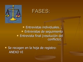 FASES:  Entrevistas individuales. ,  Entrevistas de seguimiento Entrevista final (resolución del conflicto).  Se recogen en la hoja de registro: ANEXO VI 