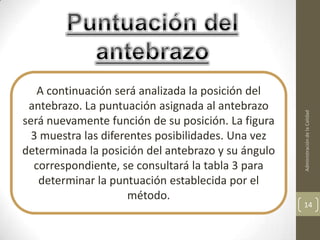 A continuación será analizada la posición del
 antebrazo. La puntuación asignada al antebrazo




                                                    Administración de la Calidad
será nuevamente función de su posición. La figura
  3 muestra las diferentes posibilidades. Una vez
determinada la posición del antebrazo y su ángulo
  correspondiente, se consultará la tabla 3 para
   determinar la puntuación establecida por el
                      método.
                                                    14
 