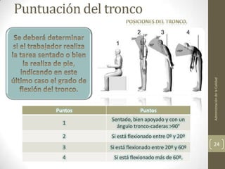 Puntuación del tronco




                                                    Administración de la Calidad
      Puntos                Puntos
               Sentado, bien apoyado y con un
        1
                 ángulo tronco-caderas >90°
        2      Si está flexionado entre 0º y 20º
                                                    24
        3      Si está flexionado entre 20º y 60º
        4       Si está flexionado más de 60º.
 