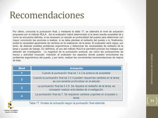 Recomendaciones
Por último, conocida la puntuación final, y mediante la tabla 17, se obtendrá el nivel de actuación
propuesto por el método RULA. Así el evaluador habrá determinado si la tarea resulta aceptable tal y
como se encuentra definida, si es necesario un estudio en profundidad del puesto para determinar con
mayor concreción las acciones a realizar, si se debe plantear el rediseño del puesto o si, finalmente,
existe la necesidad apremiante de cambios en la realización de la tarea. El evaluador será capaz, por
tanto, de detectar posibles problemas ergonómicos y determinar las necesidades de rediseño de la
tarea o puesto de trabajo. En definitiva, el uso del método RULA le permitirá priorizar los trabajos que
deberán ser investigados. La magnitud de la puntuación postural, así como las puntuaciones de
fuerza y actividad muscular, indicarán al evaluador los aspectos donde pueden encontrarse los




                                                                                                           Administración de la Calidad
problemas ergonómicos del puesto, y por tanto, realizar las convenientes recomendaciones de mejora
de éste.




                                                                                                           34
 