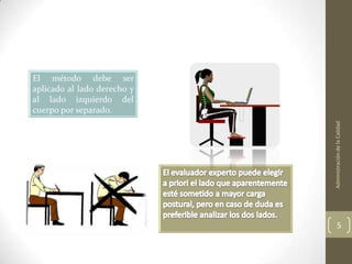 El método debe ser
aplicado al lado derecho y
al lado izquierdo del
cuerpo por separado.




                             Administración de la Calidad
                                    5
 