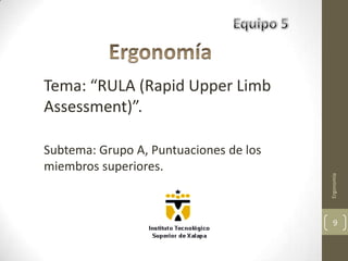 Tema: “RULA (Rapid Upper Limb
Assessment)”.

Subtema: Grupo A, Puntuaciones de los
miembros superiores.




                                        Ergonomía
                                          9
 