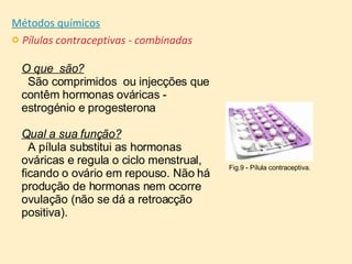 Métodos químicos Pílulas contraceptivas - combinadas O que  são? São comprimidos  ou injecções que contêm hormonas ováricas - estrogénio e progesterona Qual a sua função? A pílula substitui as hormonas ováricas e regula o ciclo menstrual, ficando o ovário em repouso. Não há produção de hormonas nem ocorre ovulação (não se dá a retroacção positiva).  Fig.9 - Pílula contraceptiva. 