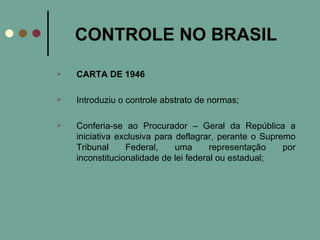 CONTROLE NO BRASIL CARTA DE 1946 Introduziu o controle abstrato de normas; Conferia-se ao Procurador – Geral da República a iniciativa exclusiva para deflagrar, perante o Supremo Tribunal Federal, uma representação por inconstitucionalidade de lei federal ou estadual; 