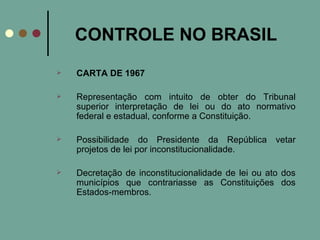 CONTROLE NO BRASIL CARTA DE 1967 Representação com intuito de obter do Tribunal superior interpretação de lei ou do ato normativo federal e estadual, conforme a Constituição. Possibilidade do Presidente da República vetar projetos de lei por inconstitucionalidade. Decretação de inconstitucionalidade de lei ou ato dos municípios que contrariasse as Constituições dos Estados-membros. 
