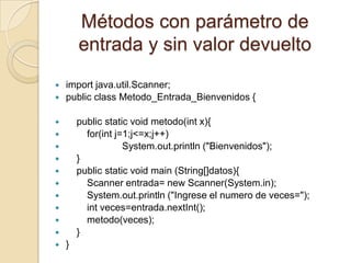Métodos con parámetro de
        entrada y sin valor devuelto
   import java.util.Scanner;
   public class Metodo_Entrada_Bienvenidos {

       public static void metodo(int x){
         for(int j=1;j<=x;j++)
                   System.out.println ("Bienvenidos");
       }
       public static void main (String[]datos){
         Scanner entrada= new Scanner(System.in);
         System.out.println ("Ingrese el numero de veces=");
         int veces=entrada.nextInt();
         metodo(veces);
       }
   }
 
