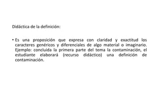 Didáctica de la definición:
• Es una proposición que expresa con claridad y exactitud los
caracteres genéricos y diferenciales de algo material o imaginario.
Ejemplo: concluida la primera parte del tema la contaminación, el
estudiante elaborará (recurso didáctico) una definición de
contaminación.
 