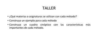 TALLER
• ¿Qué materias o asignaturas se utilizan con cada método?
• Construya un ejemplo para cada método
• Construya un cuadro sinóptico con las características más
importantes de cada método.
 
