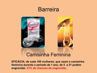Barreira Camisinha Feminina EFICÁCIA: de cada 100 mulheres, que usam a camisinha feminina durante o período de 1 ano, de 5  a 21 podem engravidar.  21% de chances de engravidar. 