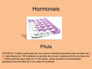 Hormonais Pílula EFICÁCIA: A pílula combinada em uso comum (rotineiro) apresenta taxa de falha de  6 a 8  gravidezes em 100 mulheres no período de um ano. Usada da forma correta é de 1 mulher grávida para cada mil. A mini-pílula, usada durante a amamentação, apresenta taxa de falha de 5 em cada mil mulheres 