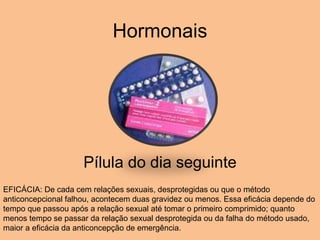 Hormonais Pílula do dia seguinte EFICÁCIA: De cada cem relações sexuais, desprotegidas ou que o método anticoncepcional falhou, acontecem duas gravidez ou menos. Essa eficácia depende do tempo que passou após a relação sexual até tomar o primeiro comprimido; quanto menos tempo se passar da relação sexual desprotegida ou da falha do método usado, maior a eficácia da anticoncepção de emergência. 