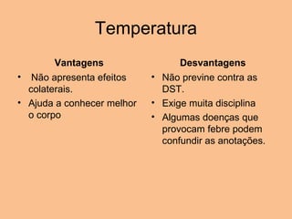 Temperatura Vantagens   Não apresenta efeitos colaterais.  Ajuda a conhecer melhor o corpo Desvantagens Não previne contra as DST. Exige muita disciplina Algumas doenças que provocam febre podem confundir as anotações. 