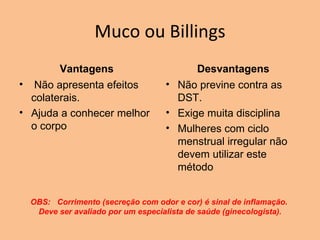 Muco ou Billings Vantagens   Não apresenta efeitos colaterais.  Ajuda a conhecer melhor o corpo Desvantagens Não previne contra as DST. Exige muita disciplina Mulheres com ciclo menstrual irregular não devem utilizar este método OBS:   Corrimento (secreção com odor e cor) é sinal de inflamação.  Deve ser avaliado por um especialista de saúde (ginecologista). 