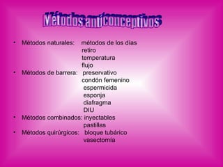 Métodos naturales:  métodos de los días retiro temperatura flujo Métodos de barrera:  preservativo condón femenino espermicida  esponja diafragma DIU Métodos combinados: inyectables pastillas  Métodos quirúrgicos:  bloque tubárico vasectomía Métodos anticonceptivos 