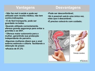Vantagens Desvantagens
• Não faz mal à saúde e pode ser
utilizado sem receita médica, não tem
contra-indicações.
• É de fácil transporte, pode ser
guardado na bolsa.
•Quando utilizado correctamente,
oferece grande segurança para evitar a
gravidez e as DST.
• Oferece maior autonomia para a
mulher, garantindo sua protecção
independente do parceiro.
•Algumas mulheres dizem que o anel
externo estimula o clítoris facilitando a
obtenção de prazer.
•eficácia de 97,3%
•Pode ser desconfortável;
•Só é possível usá-lo uma única vez,
visto que é descartável;
•É preciso colocá-lo com cuidado;
 