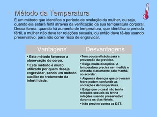 • Método da TemperaturaMétodo da Temperatura
É um método que identifica o período de ovulação da mulher, ou seja,
quando ela estará fértil através da verificação da sua temperatura corporal.
Dessa forma, quando há aumento de temperatura, que identifica o período
fértil, a mulher não deve ter relações sexuais, ou então deve tê-las usando
preservativo, para não correr risco de engravidar.
Vantagens Desvantagens
 Este método favorece a
observação do corpo.
 Este método é muito
utilizado por quem deseja
engravidar, sendo um método
auxiliar no tratamento da
infertilidade.
Tem pouca eficácia para a
prevenção da gravidez.
 Exige muita disciplina. A
temperatura precisa ser medida e
anotada diariamente pela manhã,
ao acordar.
 Algumas doenças que provocam
febre podem confundir as
anotações da temperatura.
 Exige que o casal não tenha
relações sexuais ou tenha
relações usando preservativo
durante os dias férteis.
 Não previne contra as DST.
 
