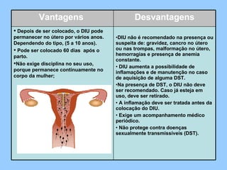 Vantagens  Desvantagens   Depois de ser colocado, o DIU pode permanecer no útero por vários anos. Dependendo do tipo, (5 a 10 anos).    Pode ser colocado 60 dias  após o parto.  Não exige disciplina no seu uso, porque permanece continuamente no corpo da mulher;  DIU não é recomendado na presença ou suspeita de: gravidez, cancro no útero ou nas trompas, malformação no útero, hemorragias e presença de anemia constante.    DIU aumenta a possibilidade de inflamações e de manutenção no caso de aquisição de alguma DST.  Na presença de DST, o DIU não deve ser recomendado. Caso já esteja em uso, deve ser retirado.    A inflamação deve ser tratada antes da colocação do DIU.    Exige um acompanhamento médico periódico.    Não protege contra doenças sexualmente transmissíveis (DST). 
