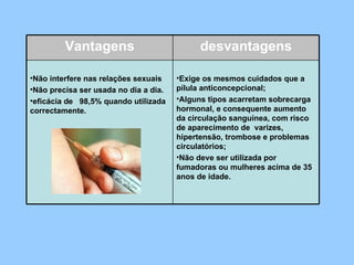 Vantagens desvantagens Não interfere nas relações sexuais  Não precisa ser usada no dia a dia. eficácia de   98,5% quando utilizada correctamente.  Exige os mesmos cuidados que a pílula anticoncepcional;  Alguns tipos acarretam sobrecarga hormonal, e consequente aumento da circulação sanguínea, com risco de aparecimento de  varizes, hipertensão, trombose e problemas circulatórios;  Não deve ser utilizada por fumadoras ou mulheres acima de 35 anos de idade.  