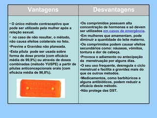 Vantagens Desvantagens   O único método contraceptivo que pode ser utilizado pela mulher após a relação sexual.     no caso de não resultar, o método, não causa efeitos colaterais no feto.  Previne a Gravidez não planeada. Esta pílula  pode ser usada sobre  forma de dose pronta (com eficácia média de 99,9%) ou através de doses combinadas (método YUSPE) a partir de pílulas anticoncepcionais orais (com eficácia média de 96,8%).    Os comprimidos possuem alta concentração de hormonas e só devem ser utilizados  em casos de emergência .  Em mulheres que amamentam, pode diminuir a quantidade do leite materno.  Os comprimidos podem causar efeitos secundários como: náuseas, vómitos, tontura e dor de cabeça.  Provoca o adiamento ou antecipação da  menstruação por alguns dias.  O seu uso frequente, desregula o ciclo menstrual e facilita a gravidez mais do que os outros métodos.  Medicamentos, como barbitúricos e alguns antibióticos, podem reduzir a eficácia deste método.  Não protege das DST.  