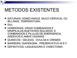 METODOS EXISTENTES NATURAIS: OGINO KNAUS, MUCO CERVICAL OU BILLINGS, TEMPERATURA; DIU; HORMONAIS: ORAIS COMBINADOS E MINIPILULAS,INJETAVEIS ISOLADOS  E COMBINADOS E PILULAS DE EMERGENCIA, ADESIVOS E ANEIS VAGINAIS QUIMICOS : GELEIAS , OVULOS E CREMES BARREIRA: DIAFRAGMA , PRESERVATIVO M E F  DEFINITIVOS: LAQUEADURA E VASECTOMIA 
