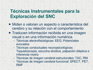 Técnicas Instrumentales para la Exploración del SNC Miden o valoran un aspecto o característica del cerebro y su relación con el comportamiento Traducen información recibida en una imagen visual o en una información numérica. Técnicas electrofisiológicas: EEG, Potenciales evocados Técnicas conductuales neuropsicológicas: Taquistoscopia, escucha dicótica, palpación diáptica e inferencia motriz Técnicas de imagen cerebral estructurales: TAC, RM Técnicas de imagen cerebral funcional: SPECT, PET, RMF 