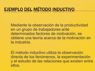 EJEMPLO DEL MÉTODO INDUCTIVO
Mediante la observación de la productividad
en un grupo de trabajadores ante
determinados factores de motivación, se
obtiene una teoría acerca de la motivación en
la industria.
El método inductivo utiliza la observación
directa de los fenómenos, la experimentación
y el estudio de las relaciones que existen entre
ellos.
 