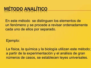 MÉTODO ANALÍTICO
En este método se distinguen los elementos de
un fenómeno y se procede a revisar ordenadamente
cada uno de ellos por separado.
Ejemplo:
La física, la química y la biología utilizan este método;
a partir de la experimentación y el análisis de gran
números de casos, se establecen leyes universales.
 