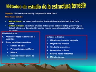 Métodos directos:
1. Análisis de rocas existentes en la
superficie
2. Rocas extraídas en sondeos
 Sondeo de Kola
 Perforaciones petrolíferas
 Minería
 Excavaciones de pozos de
agua
Objetivo: conocer la estructura y composición de la Tierra
Métodos de estudio:
• Método directo: se basan en el análisis directo de los materiales extraídos de la
Tierra.
• Método indirecto: se realizan pruebas de las que se obtienen datos que sirven para
deducir cómo son, de qué están hechos y cómo están dispuestos los materiales que
no vemos.
Métodos indirectos:
1. Método gravimétrico: isostasia
2. Magnetismo terrestre
3. Gradiente geotérmico
4. Densidad de la Tierra
5. Estudio de los meteoritos
6. Método sísmico
 