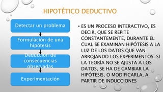 HIPOTÉTICO DEDUCTIVO
• ES UN PROCESO INTERACTIVO, ES
DECIR, QUE SE REPITE
CONSTANTEMENTE, DURANTE EL
CUAL SE EXAMINAN HIPÓTESIS A LA
LUZ DE LOS DATOS QUE VAN
ARROJANDO LOS EXPERIMENTOS. SI
LA TEORÍA NO SE AJUSTA A LOS
DATOS, SE HA DE CAMBIAR LA
HIPÓTESIS, O MODIFICARLA, A
PARTIR DE INDUCCIONES
Detectar un problema
Formulación de una
hipótesis
Deducción de
consecuencias
observadas
Experimentación
 