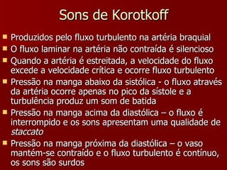 Sons de Korotkoff Produzidos pelo fluxo turbulento na artéria braquial O fluxo laminar na artéria não contraída é silencioso Quando a artéria é estreitada, a velocidade do fluxo excede a velocidade crítica e ocorre fluxo turbulento Pressão na manga abaixo da sistólica - o fluxo através da artéria ocorre apenas no pico da sístole e a turbulência produz um som de batida Pressão na manga acima da diastólica – o fluxo é interrompido e os sons apresentam uma qualidade de  staccato Pressão na manga próxima da diastólica – o vaso mantém-se contraído e o fluxo turbulento é contínuo, os sons são surdos 