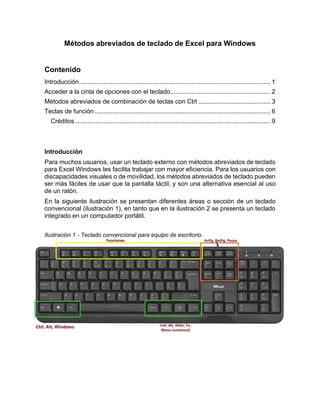 Métodos abreviados de teclado de Excel para Windows
Contenido
Introducción............................................................................................................. 1
Acceder a la cinta de opciones con el teclado......................................................... 2
Métodos abreviados de combinación de teclas con Ctrl ......................................... 3
Teclas de función .................................................................................................... 6
Créditos ............................................................................................................... 9
Introducción
Para muchos usuarios, usar un teclado externo con métodos abreviados de teclado
para Excel Windows les facilita trabajar con mayor eficiencia. Para los usuarios con
discapacidades visuales o de movilidad, los métodos abreviados de teclado pueden
ser más fáciles de usar que la pantalla táctil, y son una alternativa esencial al uso
de un ratón.
En la siguiente ilustración se presentan diferentes áreas o sección de un teclado
convencional (ilustración 1), en tanto que en la ilustración 2 se presenta un teclado
integrado en un computador portátil.
Ilustración 1 - Teclado convencional para equipo de escritorio.
 