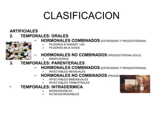 CLASIFICACION ARTIFICIALES  TEMPORALES: ORALES HORMONALES COMBINADOS   (ESTROGENO Y PROGESTERONA) PILDORAS STANDART 1/50 PILDORAS BAJA DOSIS HORMONALES NO COMBINADOS   (PROGESTERONA SOLO) MINIPILDORAS TEMPORALES: PARENTERALES HORMONALES COMBINADOS   (ESTROGENO Y PROGESTERONA) INYECTABLES MENSUALES HORMONALES NO COMBINADOS   (PROGESTERONA SOLO) INYECTABLES BIMENSUALES INYECTABLES TRIMESTRALES TEMPORALES: INTRADERMICA BIODEGRADBLES NO BIODEGRADABLES 